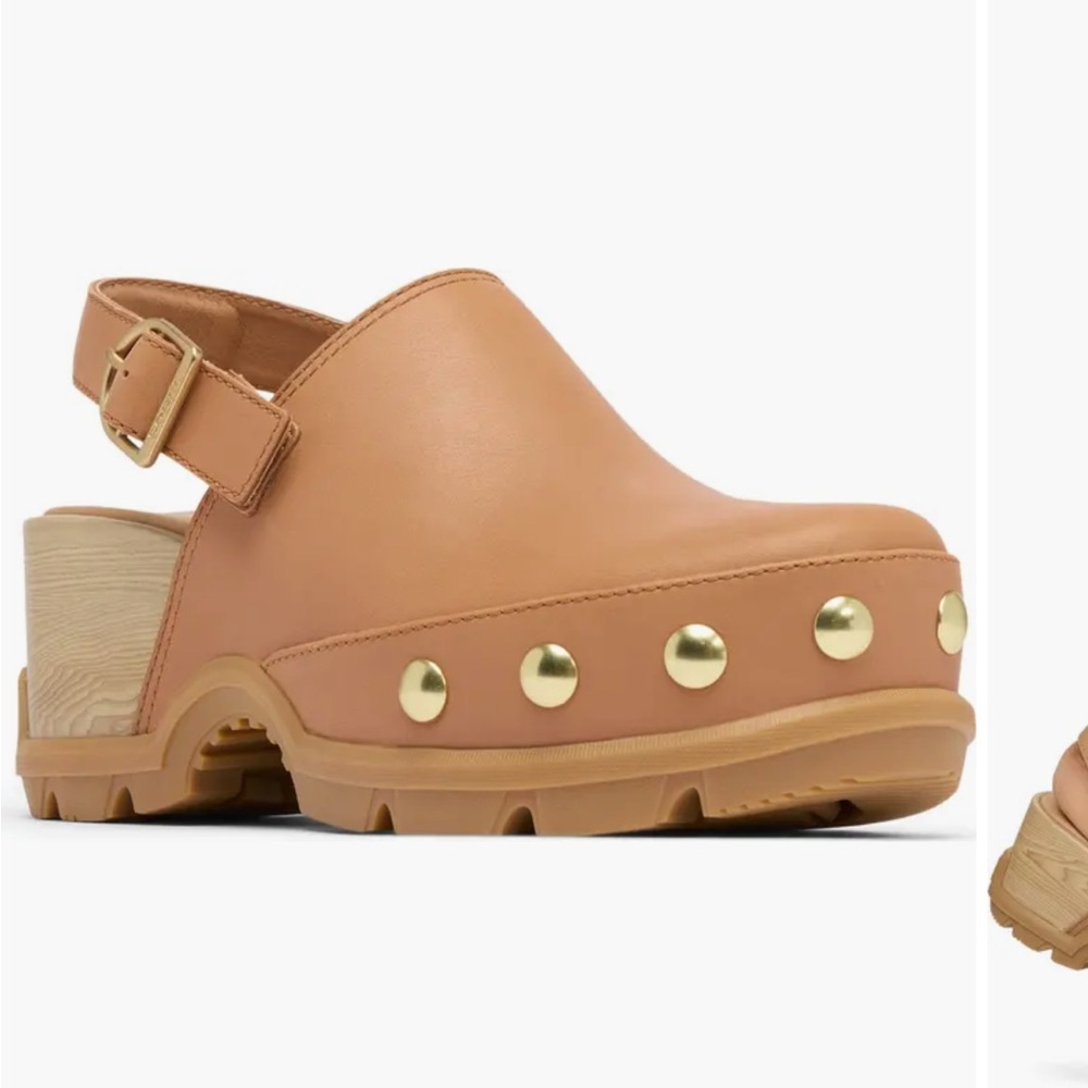 Sorel Tan and Gold Mules with Studded Details